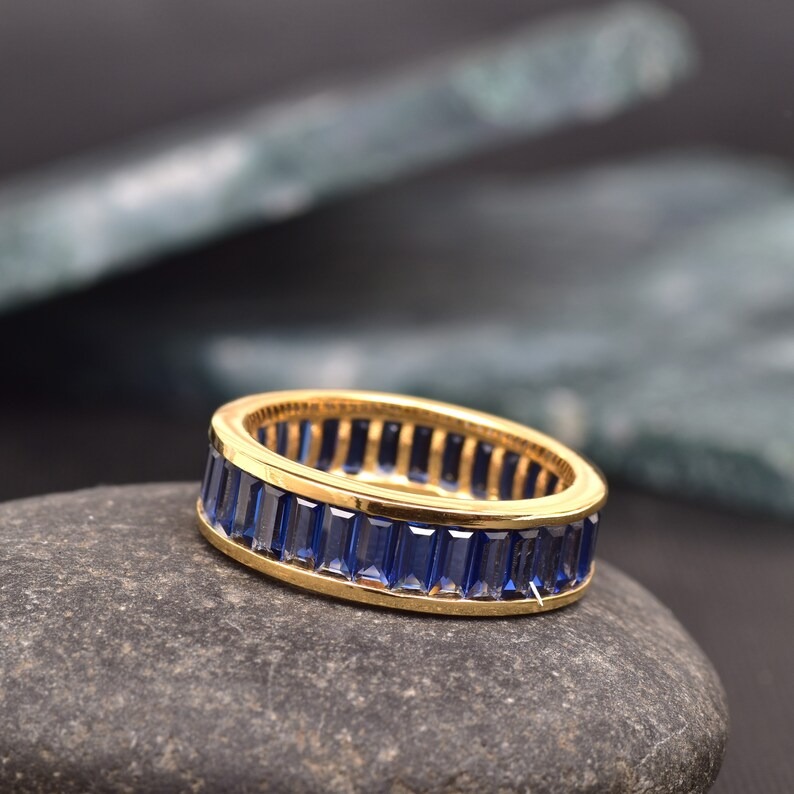 Full Eternity Stackable Band Lab Blue Sapphire Band CZ Solid 925 Sterling Silver Wedding Band, Eternity Band September Stone