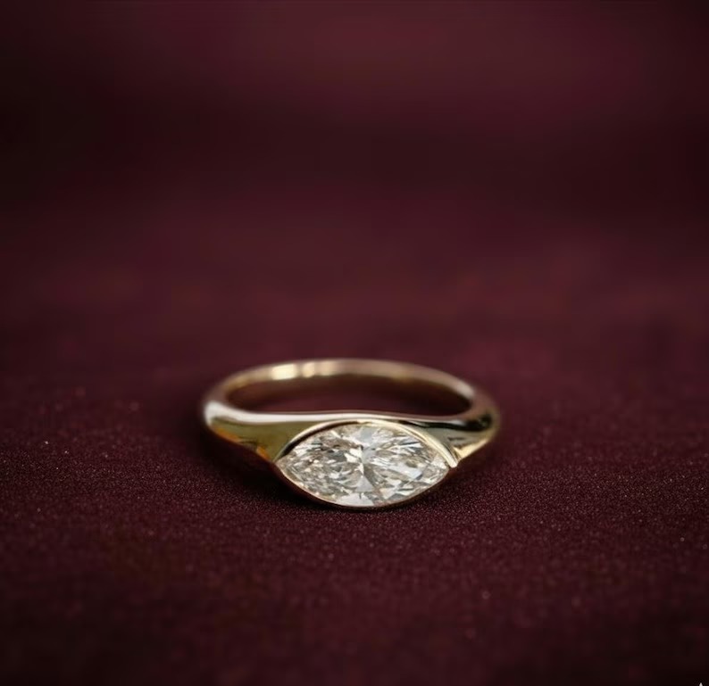 Marquise Moissanite Ring: East-West Sterling Silver Signet, Bezel Set Diamond wedding ring, Promise Ring Diamond Solitaire Delicate Ring