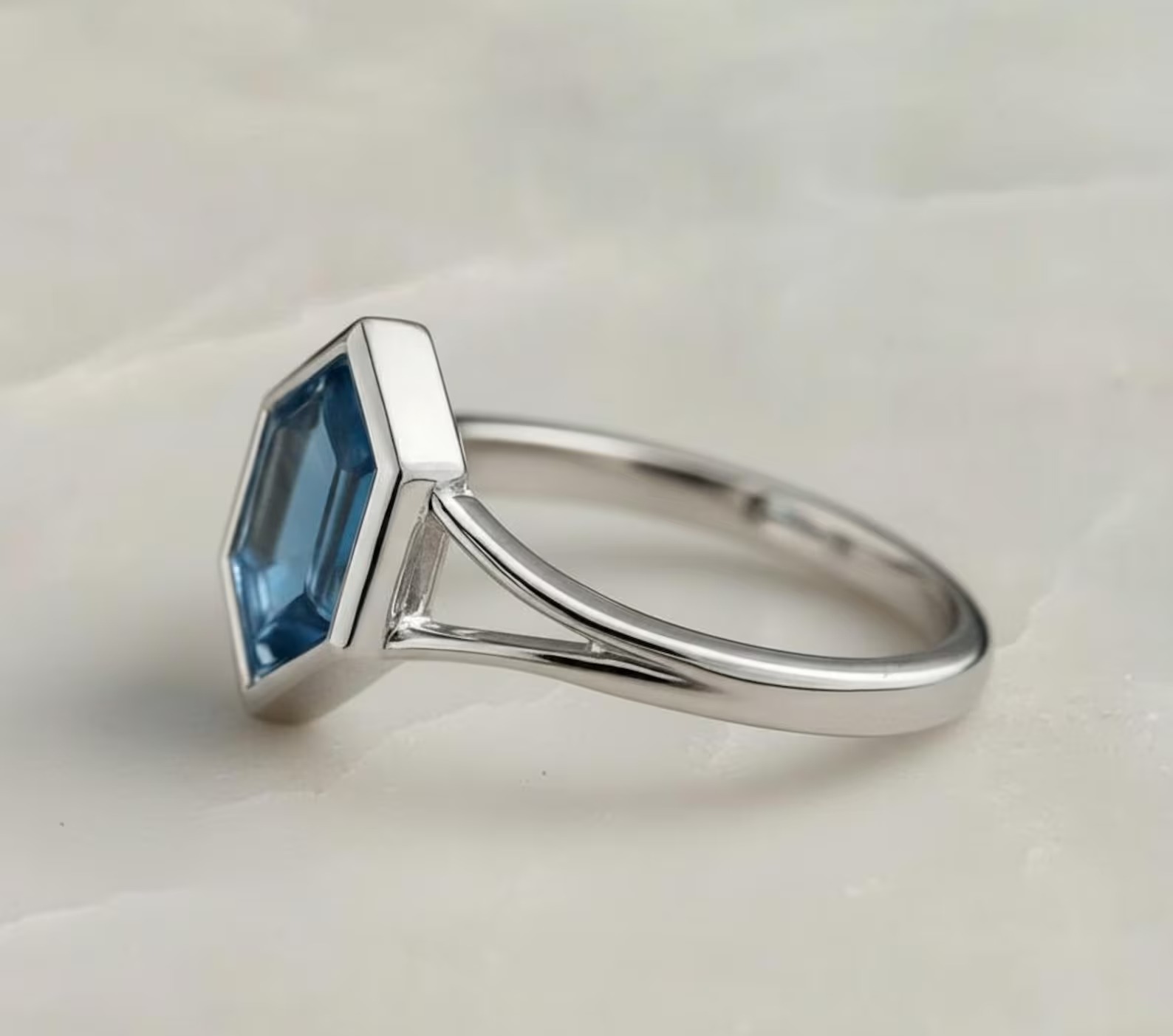 Hexagon Cut London Blue Topaz Solitaire Wedding Ring | Solid Gold Bezel Set Art Deco Statement Ring | December Birthstone | Gift for Women