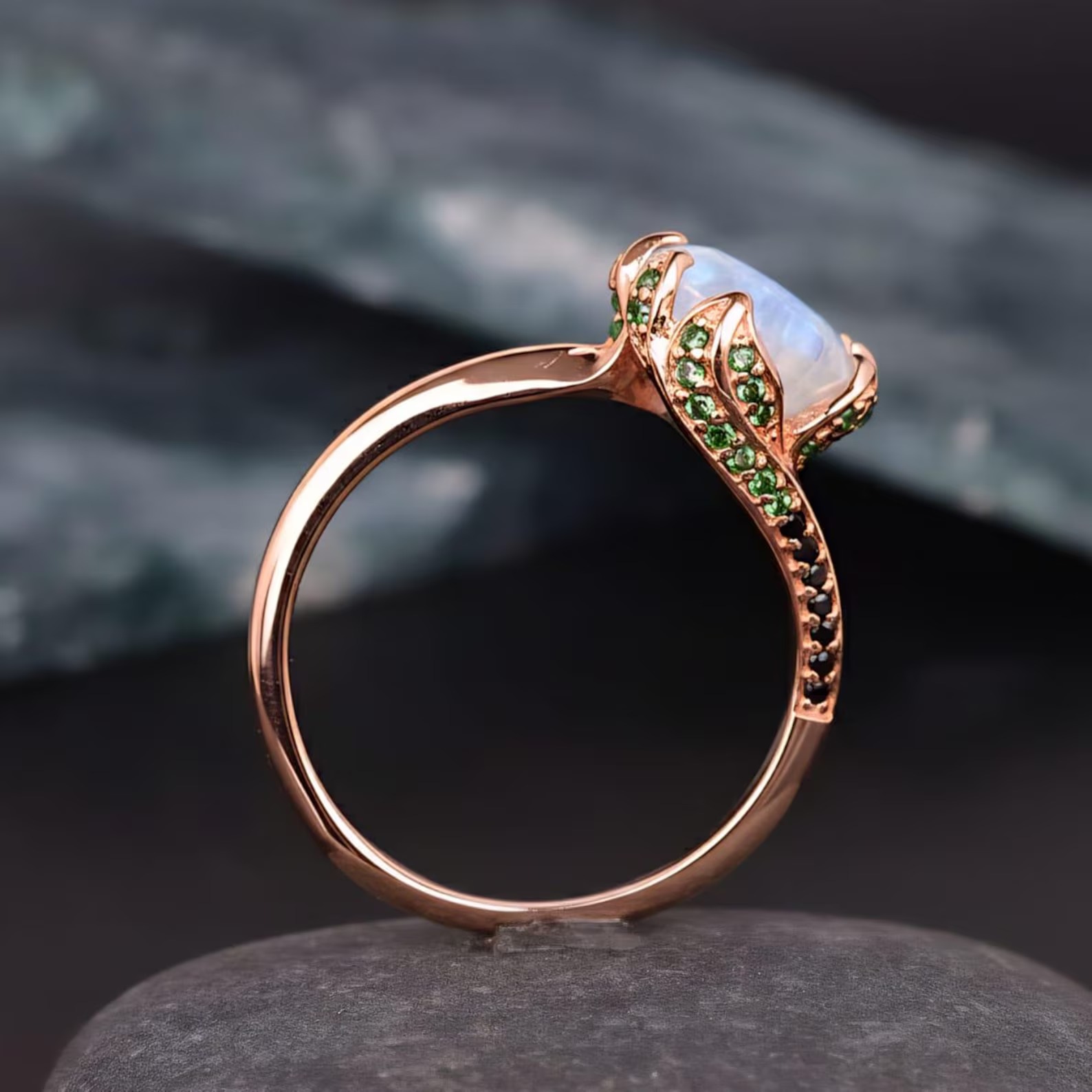 Natural Moonstone Ring, Round Cut Moonstone Engagement Ring with Green And Black Gemstone Accents, Unique Gold Ring, Nature Inspired Ring