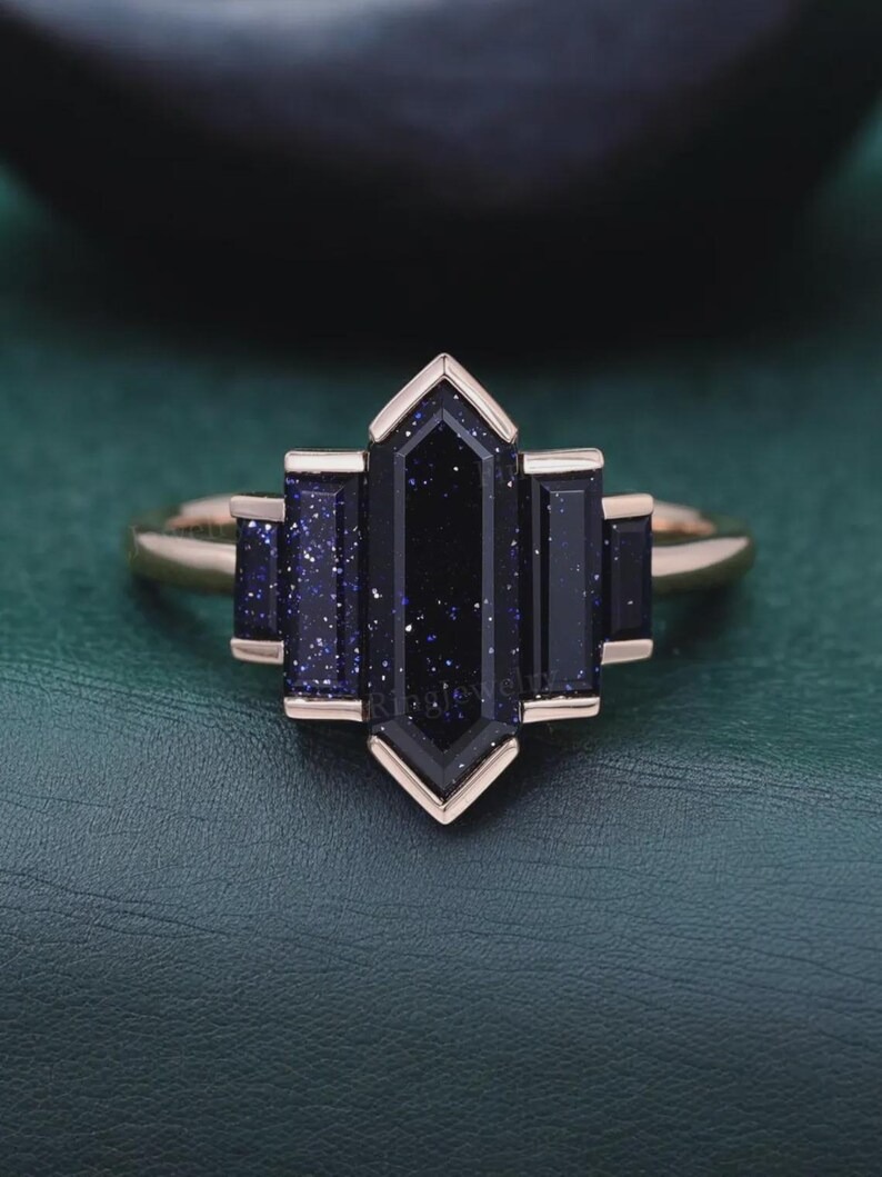 Hexagon Cut Blue Sandstone Ring, Vintage Rose Gold Engagement Ring, Baguette Cut Galaxy Sandstone Ring, Bridal Anniversary Gift Ring for Her