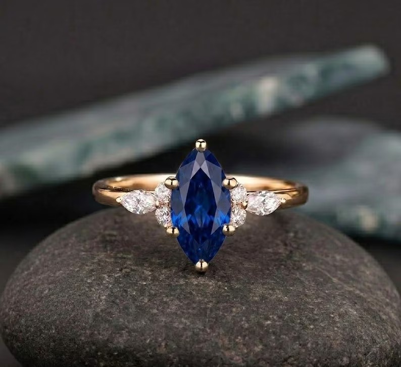 Marquise Cut Blue Sapphire Engagement Ring, 14K Solid Yellow Gold Wedding Ring, Vintage Blue Gemstone Promise Ring, Anniversary Gift for Her