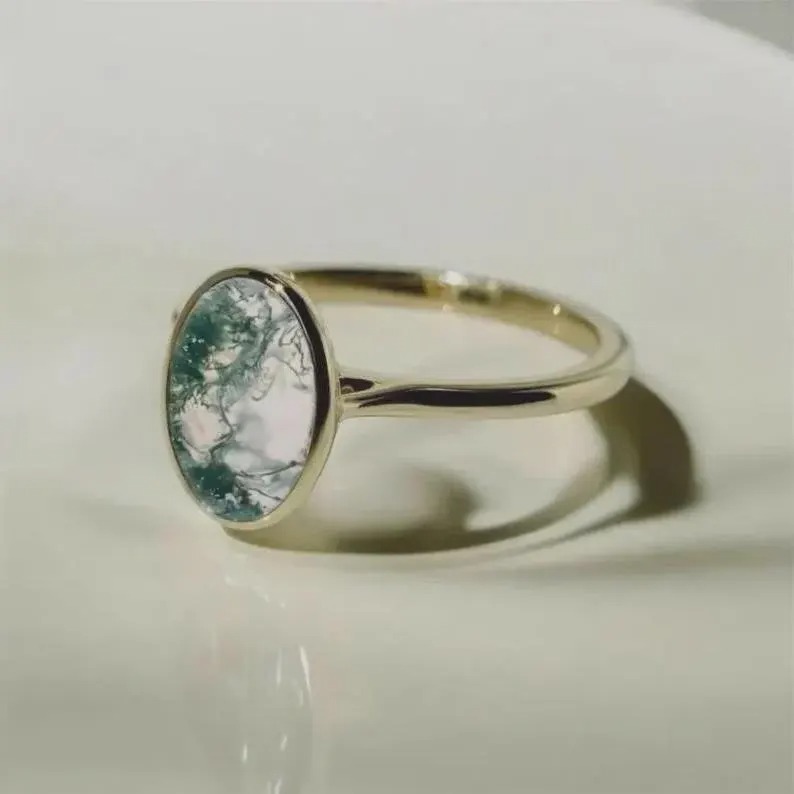 Moss Agate Ring, Oval Cut Moss Agate Ring, 14k Rose Gold Bezel Setting Ring, Green Single Gemstone Ring, Anniversary & Bridal Gift For Women