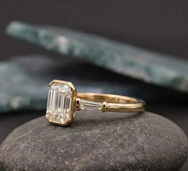 Emerald Cut Moissanite Engagement Ring, 14K Gold Bezel Setting Wedding Ring, Three Stone Diamond Baguette Cluster Ring, Promise Ring for Her