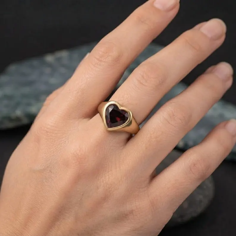 Heart Cut Garnet Bezel Engagement Ring, 9K Rose Gold Solitaire Ring, January Birthstone Heart Shape Ring Gift for Her, Promise Gift Ring