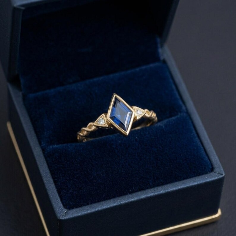 Unique Kite Cut Sapphire Ring, 14K Solid Rose Gold Engagement Ring, Vintage Side Accent Cluster Ring, Dainty Statement Jewelry Gift for Her