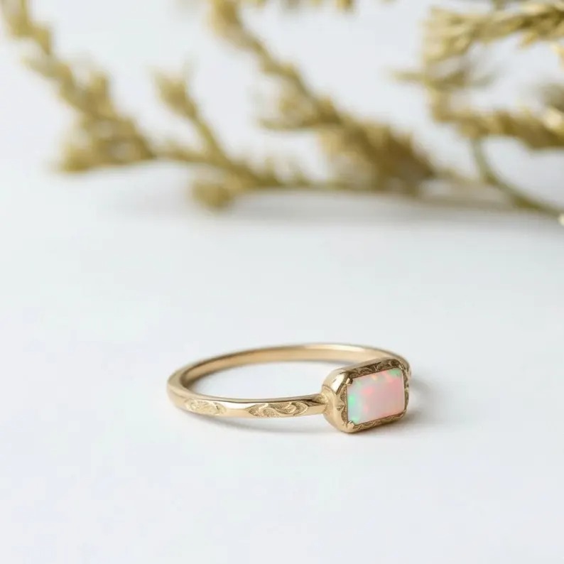 Dainty Opal Ring, Opal Gemstone Baguette Cut Ring, 14k Rose Gold Plated Ring, October Birthstone Ring, Minimalist Stacking Ring Gift For Her