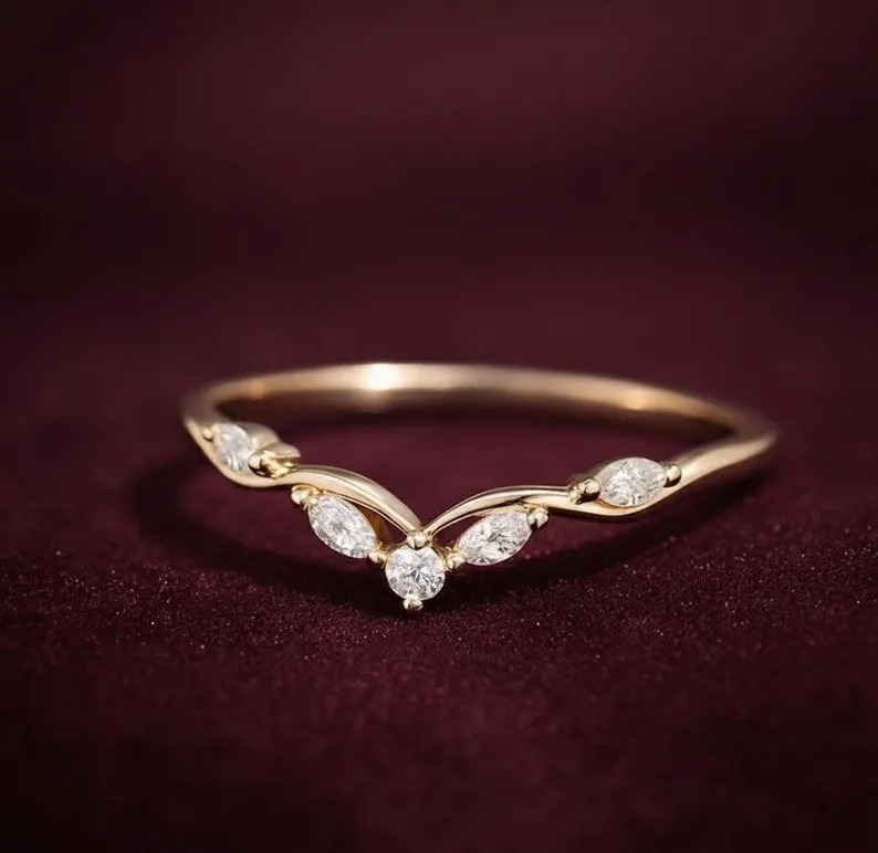 Marquise Cut Moissanite Curved Wedding Band, Unique Yellow Gold Diamond Ring, Matching Stackable Band Ring, Anniversary Bridal Promise Ring