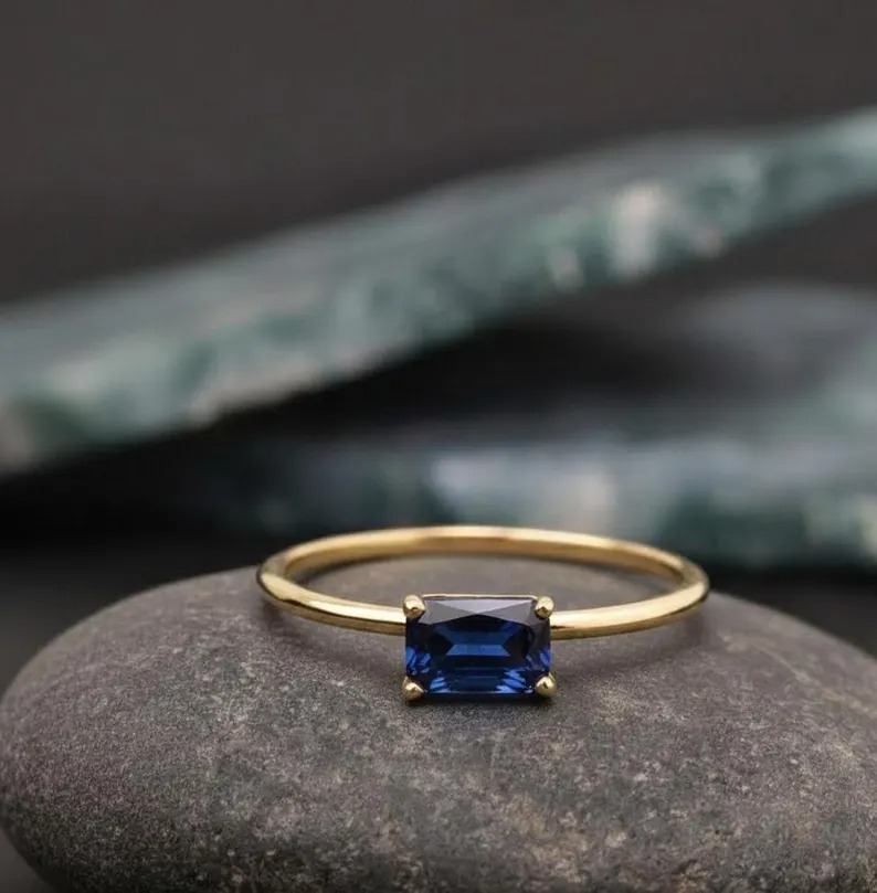 Sapphire Solitaire Ring, Baguette Cut Sapphire Blue Gemstone Ring, September Birthstone Ring, Minimalist Engagement Ring Gift For Her