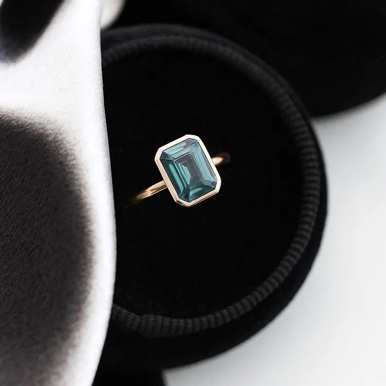 14K Yellow Gold Emerald Cut Teal Sapphire Engagement Ring, Bezel Set Ring, Gold Bridal Ring, Promise Ring, Handmade Ring, Gift For Her