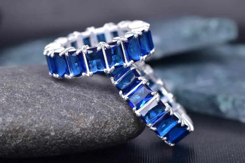 Full Eternity Stackable Band Lab Blue Sapphire Band CZ Solid 925 Sterling Silver Wedding Band, Eternity Band September Stone