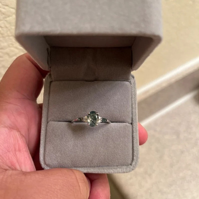 1.5ct Oval Cut Natural Moss Agate Engagement Rings Rose Gold Silver Cluster Aquatic Agate Promise Ring Marquise Moss Moissanite Wedding Ring