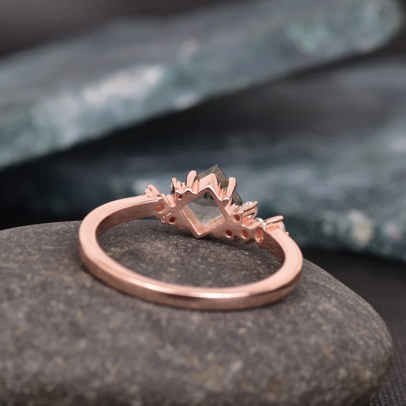 Natural Princess Cut Moss agate ring, Vintage Unique princess cut green moss agate engagement ring, Antique Bridal promise wedding ring