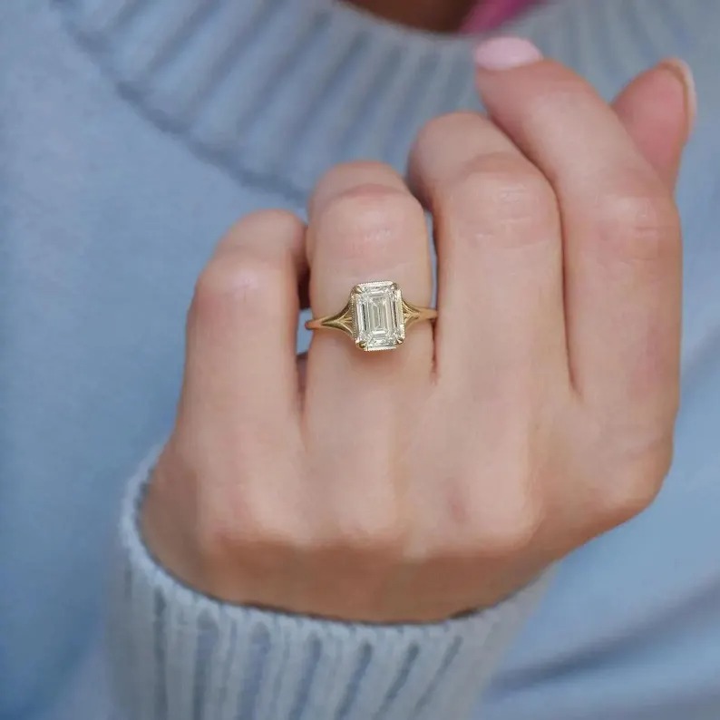 Emerald Cut Moissanite Solitaire Ring, Dainty 14K Gold Split Shank Ring, Diamond Solitaire Bridal Promise Ring, Anniversary Gift For Women