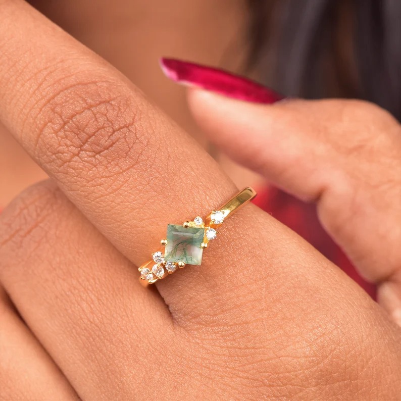 Natural Princess Cut Moss agate ring, Vintage Unique princess cut green moss agate engagement ring, Antique Bridal promise wedding ring