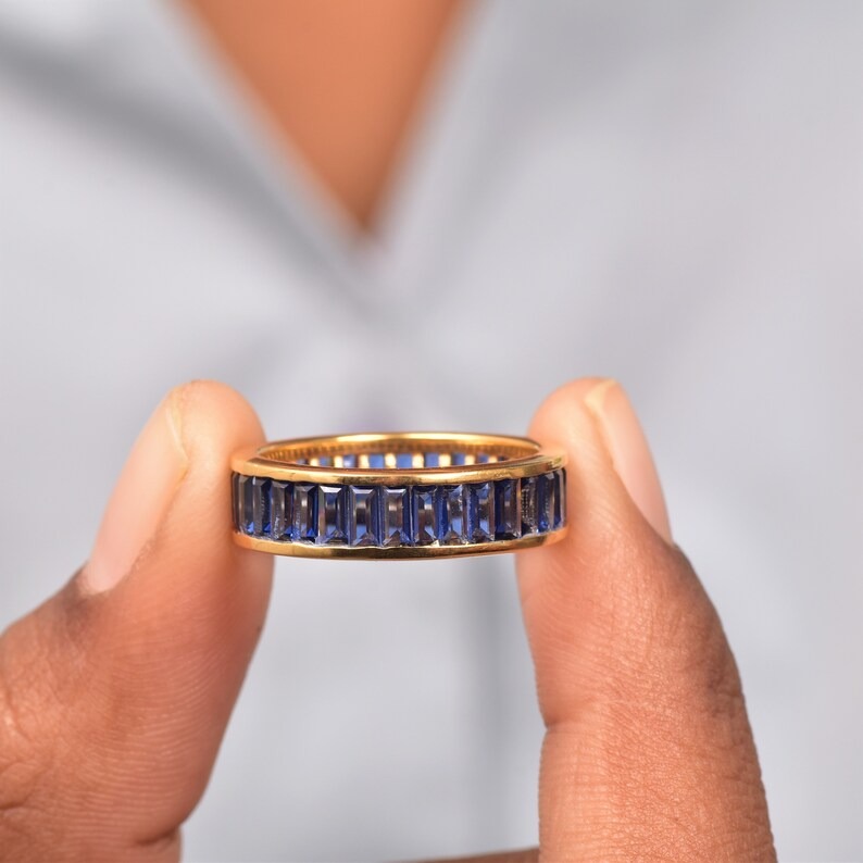 Full Eternity Stackable Band Lab Blue Sapphire Band CZ Solid 925 Sterling Silver Wedding Band, Eternity Band September Stone