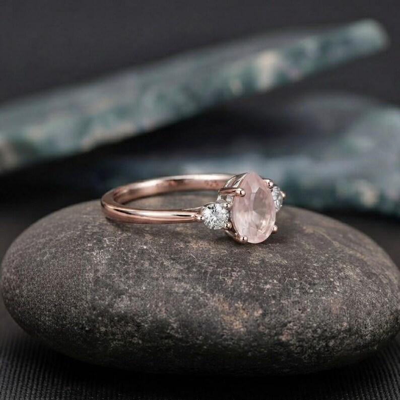 Natural Rose Quartz Three Stone Accent Ring, 925 Sterling Silver Ring For Her, Dainty Promise Ring, Pear Cut Rose Quartz Engagement Ring