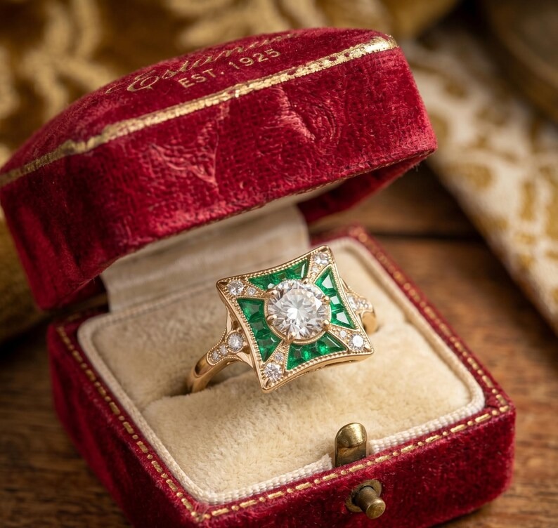 Green Emerald & Moissanite Ring, Art Deco Cluster Engagement Ring, Princess Cut Ring, Antique Style Green Stone Ring, Geometric Bridal Ring