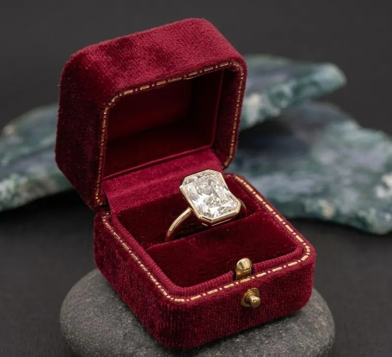 2 CT Emerald Cut Moissanite Engagement Ring, Half Bezel Set Anniversary Ring, Modern Classic Wedding Jewelry Gift For Her, Minimalist Ring