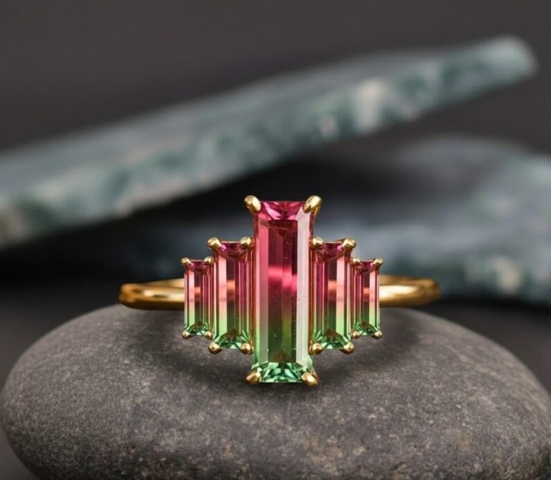 Vintage Baguette Cut Watermelon Tourmaline Wedding Ring, Pink & Green Gemstone Ring, Five Stone Engagement Ring, Anniversary Gift For Women