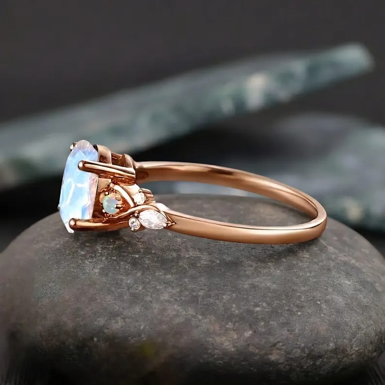 Vintage Oval Moonstone Ring 14K Solid Gold Moonstone Gemstone Engagement Ring Unique Opal Moissanite Promise Ring Anniversary Gift For Her