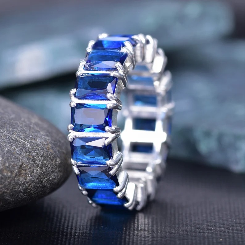 Full Eternity Stackable Band Lab Blue Sapphire Band CZ Solid 925 Sterling Silver Wedding Band, Eternity Band September Stone