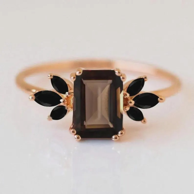 Smoky Quartz & Black Onyx Ring, Emerald Cut Wedding Ring, Cluster Bridal Ring, 14K Solid Gold Anniversary Ring, Double Prong Setting Ring