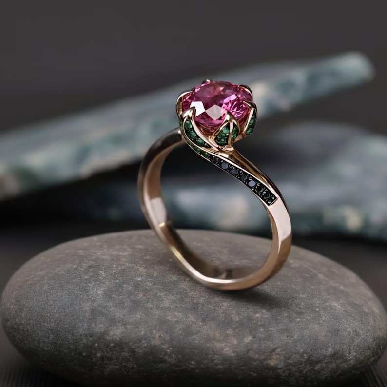 Round Cut Pink Sapphire Ring 18K Yellow Gold Bridal Ring, Delicate Art Deco Jewelry, Green And Black Gemstone Accents, Personalized Ring