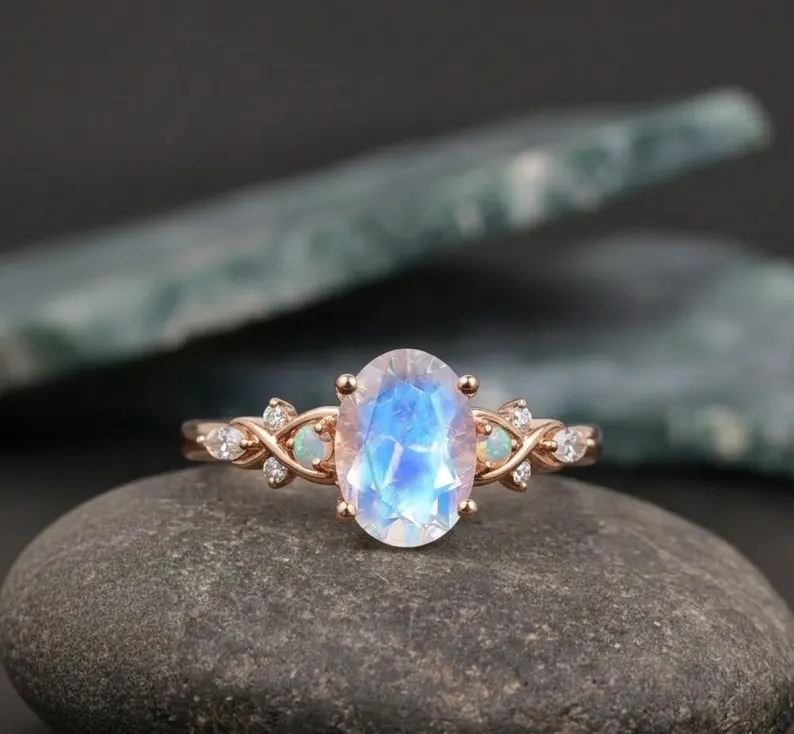 Vintage Oval Moonstone Ring 14K Solid Gold Moonstone Gemstone Engagement Ring Unique Opal Moissanite Promise Ring Anniversary Gift For Her