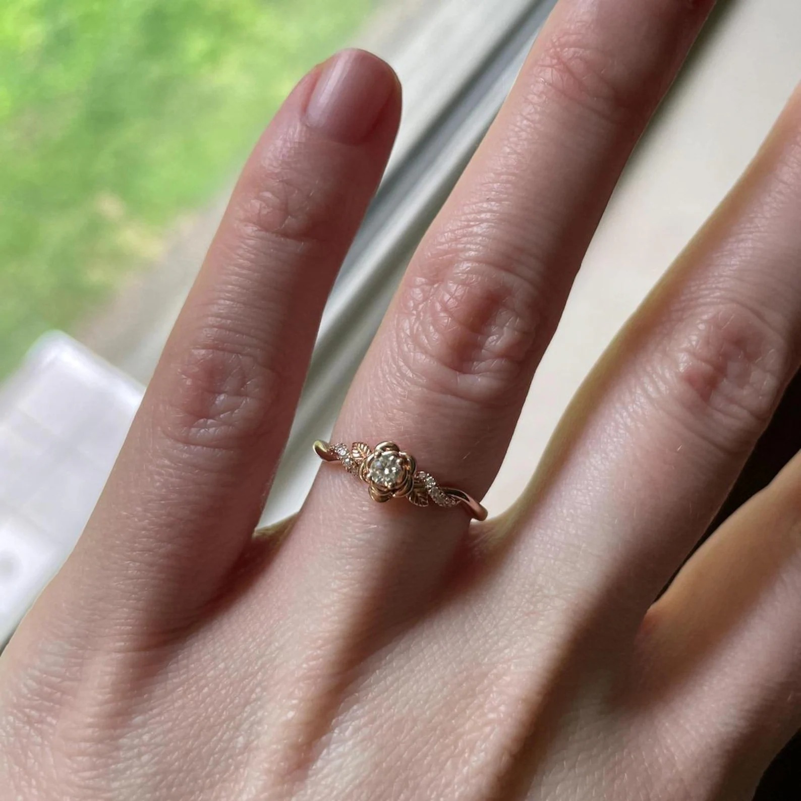 Floral Round Cut Moissanite Engagement Ring Rose gold Delicate Nature inspired Leaf design Bridal Ring Twist Anniversary Ring