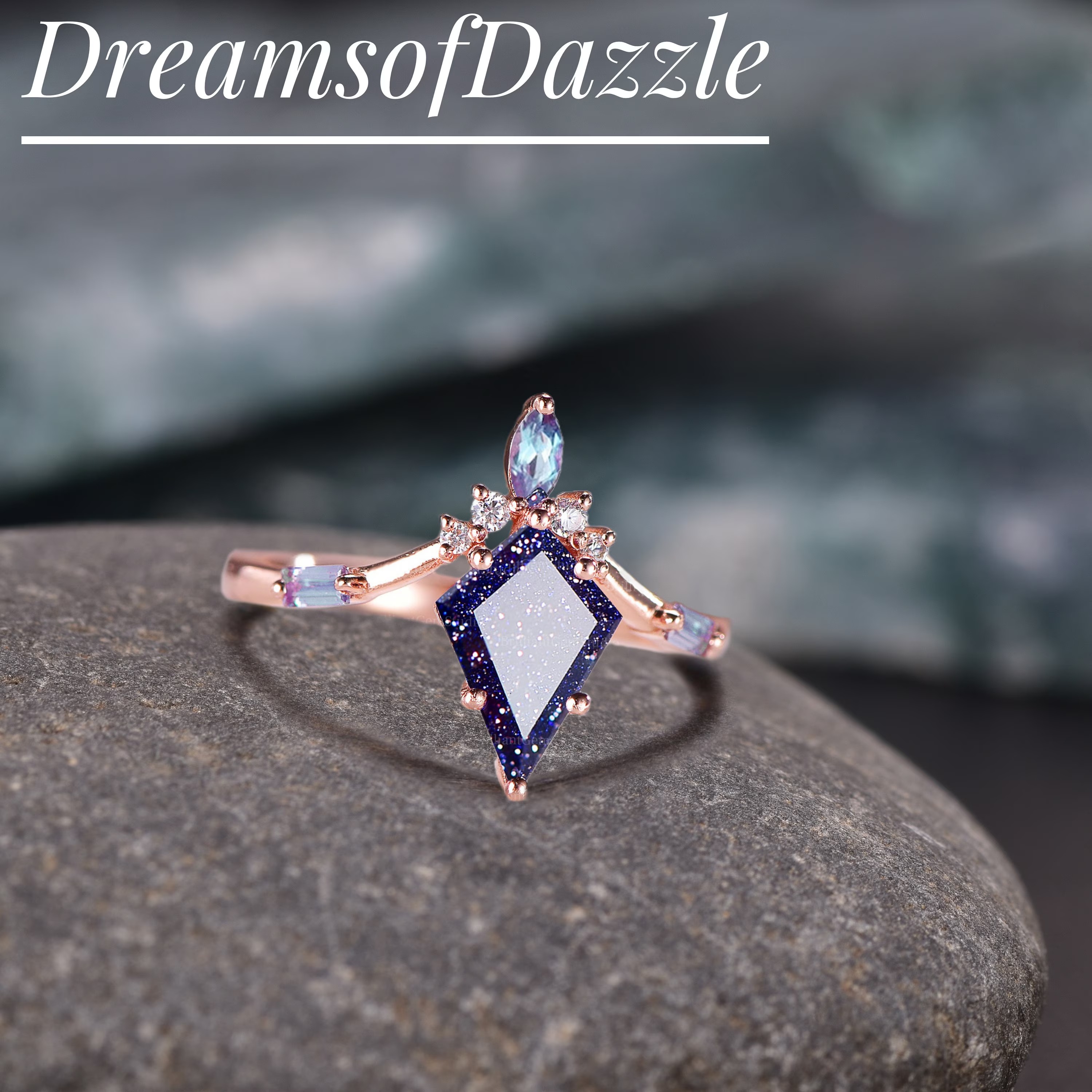 Galaxy Blue Sandstone Engagement Ring Silver Rose Gold Blue Sandstone Ring Planet Ring Geometric Ring Color Changed Alexandrite Birthstone