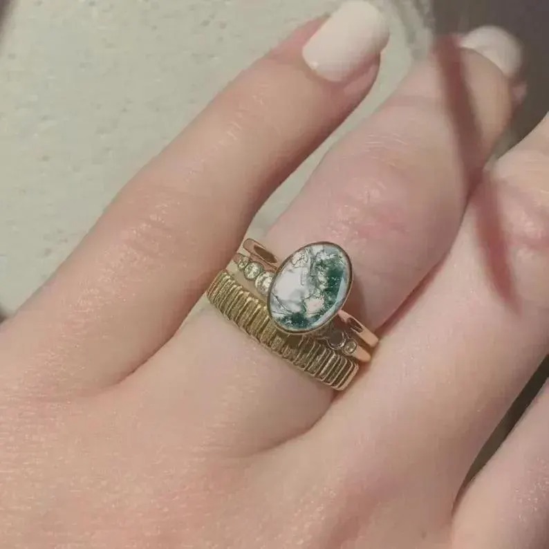 Moss Agate Ring, Oval Cut Moss Agate Ring, 14k Rose Gold Bezel Setting Ring, Green Single Gemstone Ring, Anniversary & Bridal Gift For Women