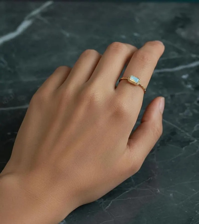 Dainty Opal Ring, Opal Gemstone Baguette Cut Ring, 14k Rose Gold Plated Ring, October Birthstone Ring, Minimalist Stacking Ring Gift For Her