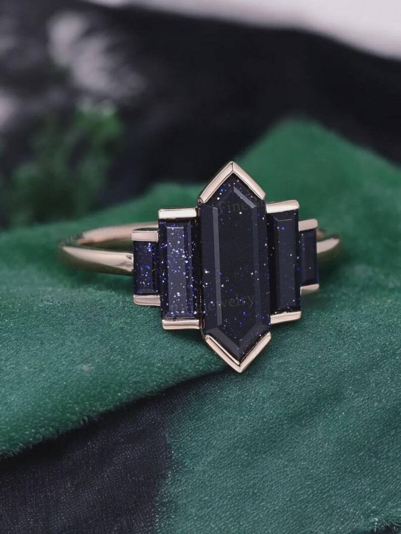 Hexagon Cut Blue Sandstone Ring, Vintage Rose Gold Engagement Ring, Baguette Cut Galaxy Sandstone Ring, Bridal Anniversary Gift Ring for Her