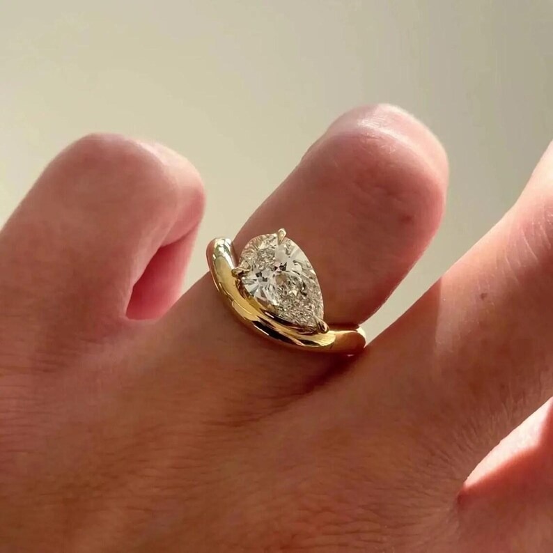 Moissanite Wave Shank Ring, Horizontal Tear Drop Unique Bridal Ring, 18K Yellow Gold Diamond Engagement Ring, Solitaire Promise Wedding Ring