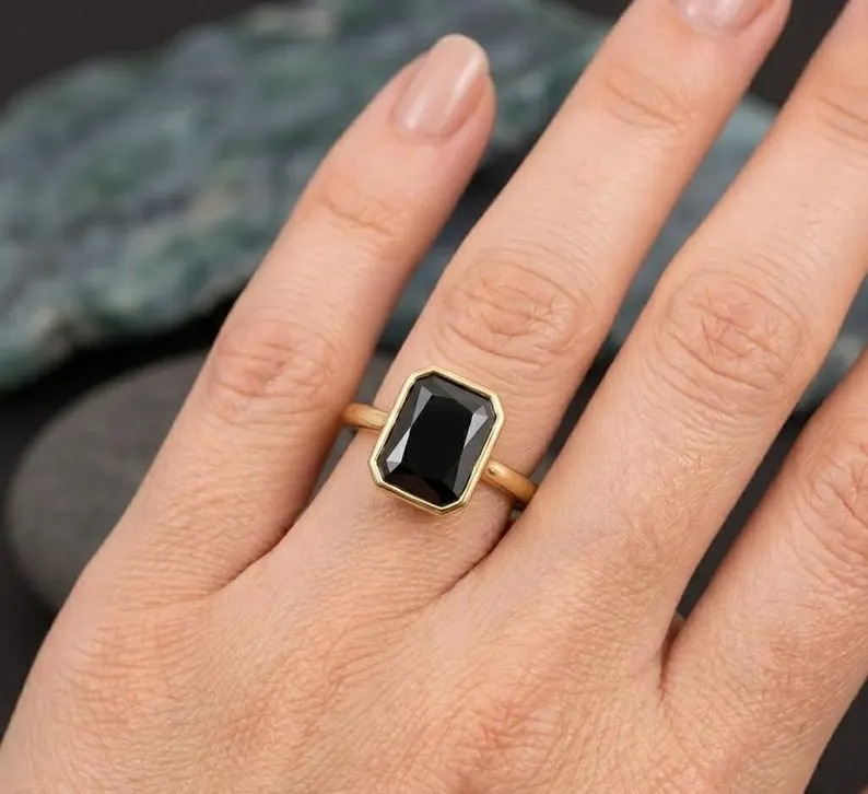 Emerald Cut Black Onyx Engagement Ring, Vintage Black Gemstone Unique Bridal Ring, Bezel Set Solitaire Onyx Ring, Anniversary Handmade Gift