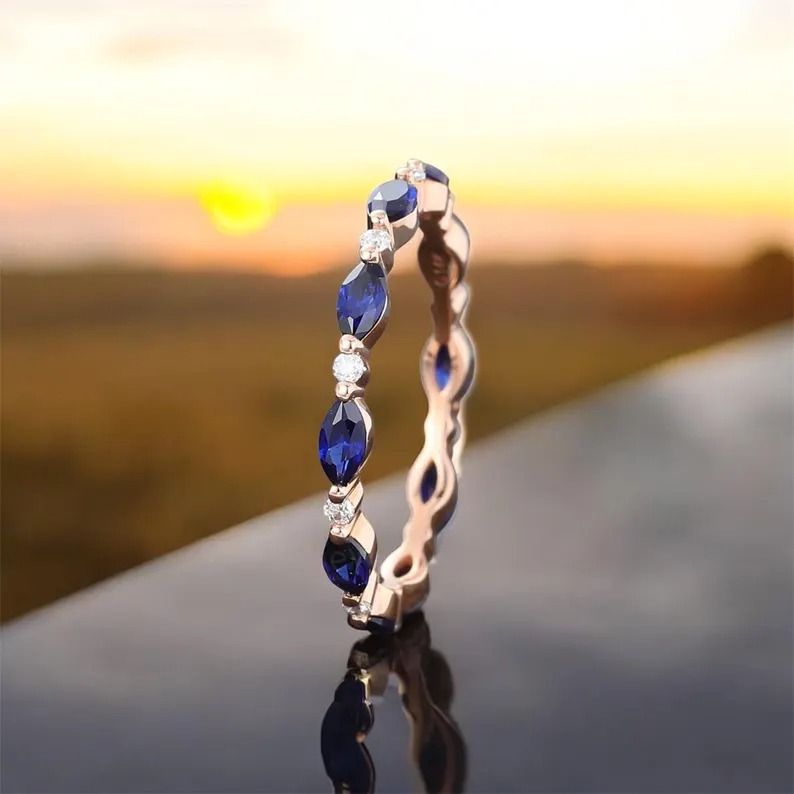 Full Eternity Stackable Band Lab Blue Sapphire Band CZ Solid 925 Sterling Silver Wedding Band, Eternity Band September Stone