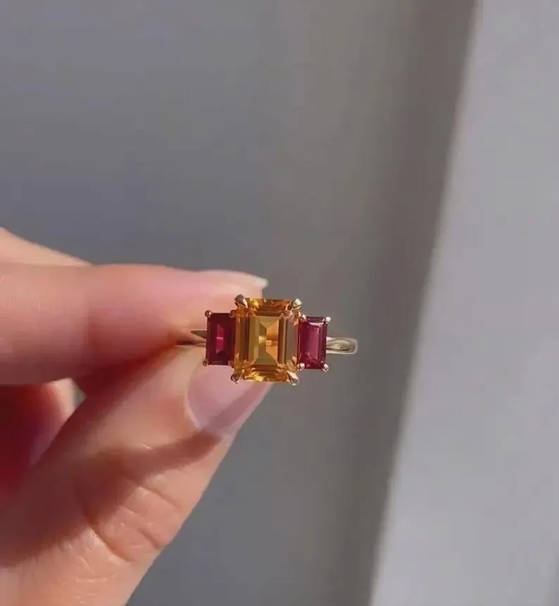 Emerald Shape Citrine & Baguette Cut Ruby Cluster Statement Wedding Ring, Prong Setting Gemstone Anniversary And Proposal Gift Ring For Her