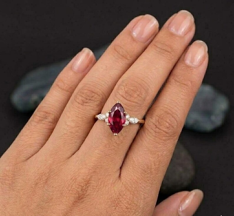 Marquise Ruby Ring, Red Gemstone Engagement Ring, Diamond Accent Cluster Ring, Vintage Red Ruby Promise Ring, July Birthstone Jewelry Gift