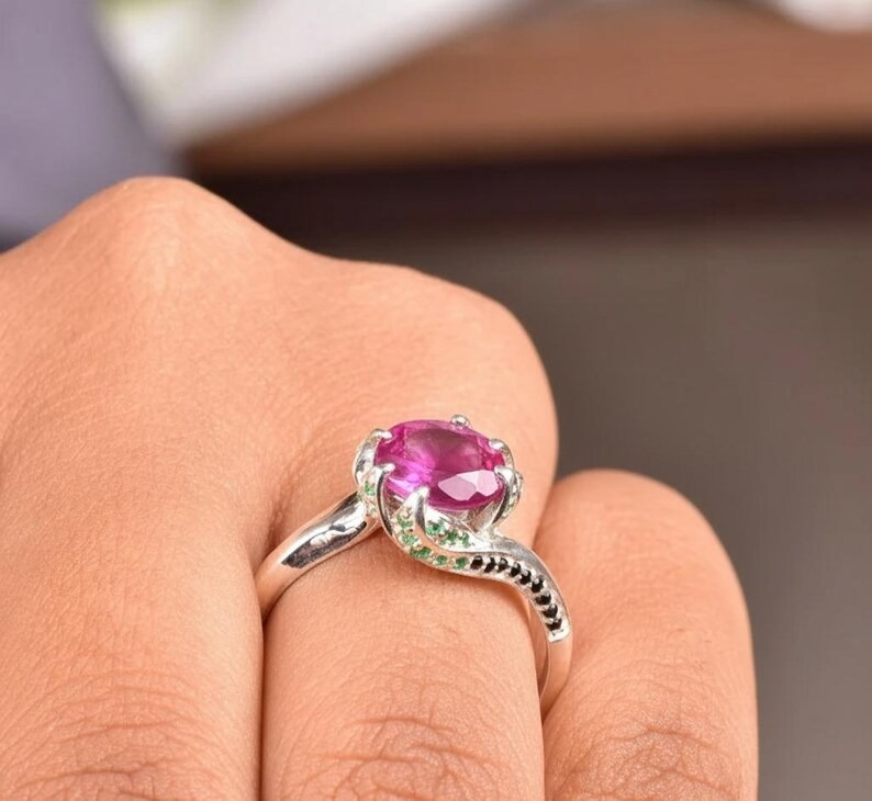Round Cut Pink Sapphire Ring 18K Yellow Gold Bridal Ring, Delicate Art Deco Jewelry, Green And Black Gemstone Accents, Personalized Ring