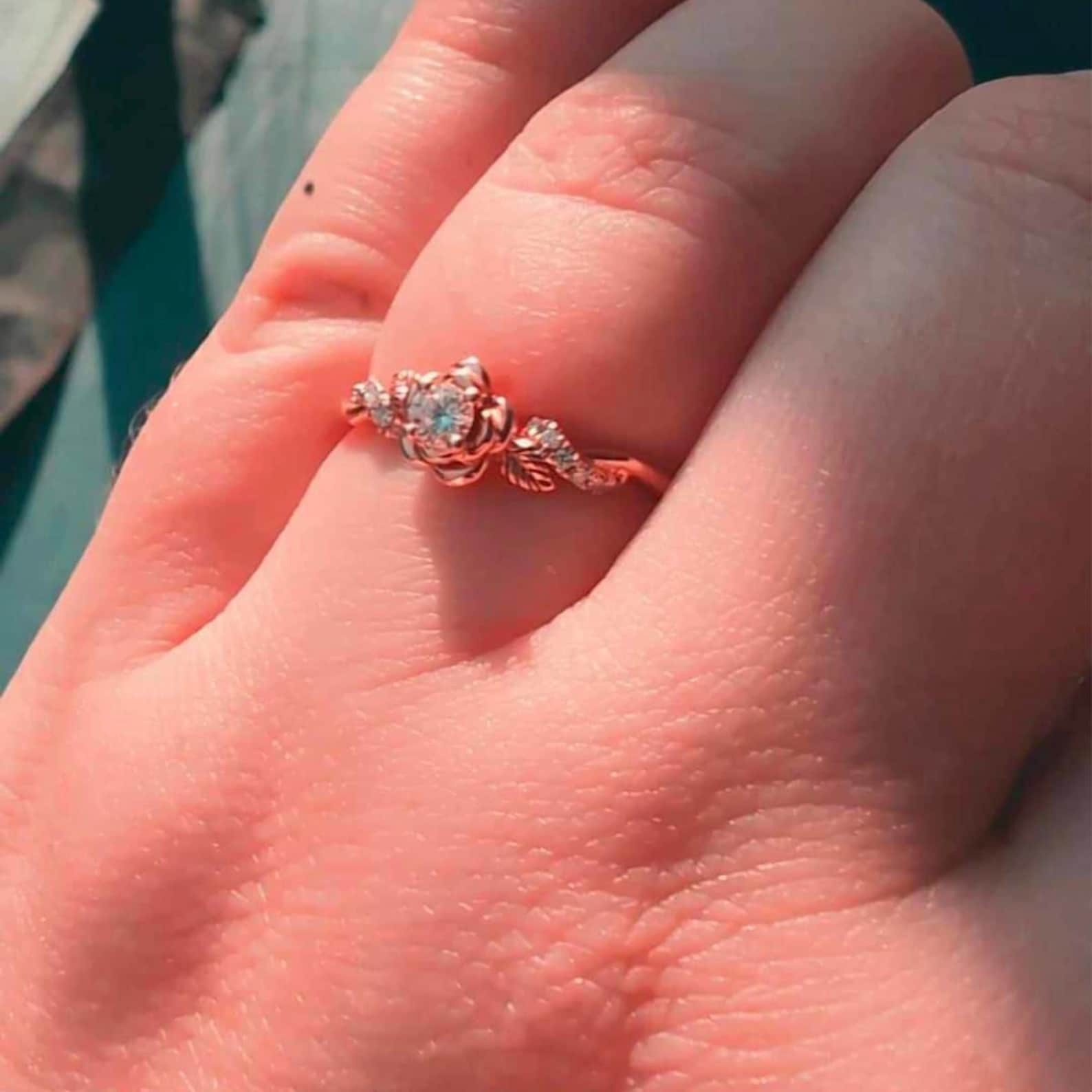 Floral Round Cut Moissanite Engagement Ring Rose gold Delicate Nature inspired Leaf design Bridal Ring Twist Anniversary Ring