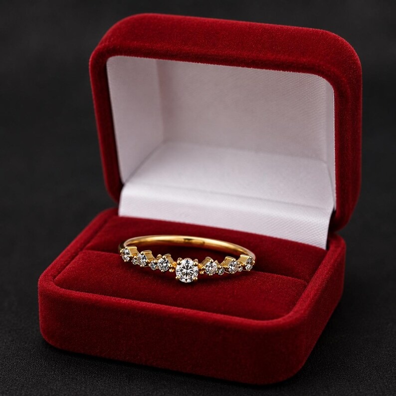 Round Cut Moissanite Half Eternity Band, Vintage Diamond Cluster Engagement Ring, Anniversary & Wedding Promise Ring For Her, Christmas Gift