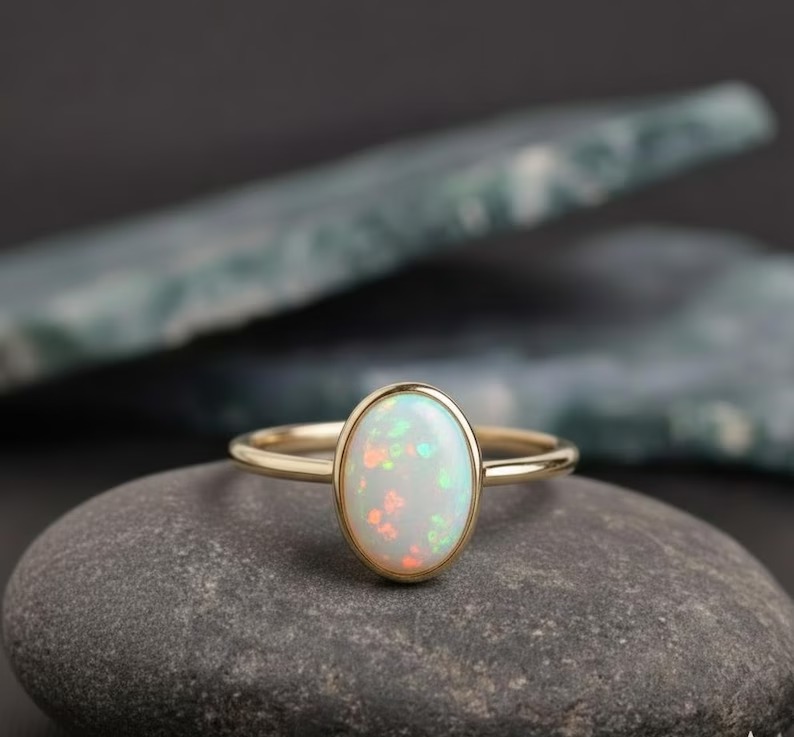Oval Opal Ring-14k Solid Gold Ring, October Birthstone Ring, Oval Cut Natural Opal Anniversary Ring, Gift For Her, Matching Stackable Ring