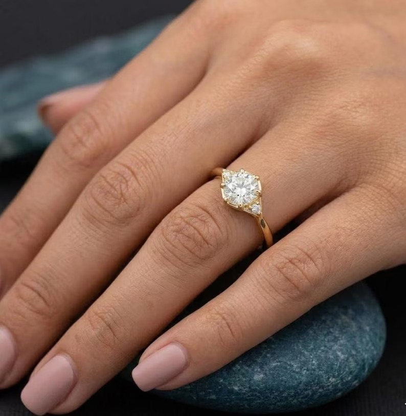 Minimalist Gold Engagement Ring, Round Cut Moissanite Ring, Dainty Promise Ring, Vintage Style Bridal Ring, Unique Wedding Ring Gift for Her
