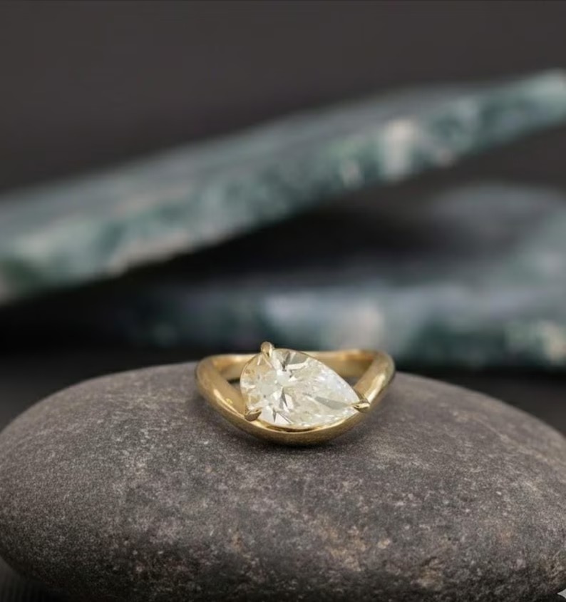 Moissanite Wave Shank Ring, Horizontal Tear Drop Unique Bridal Ring, 18K Yellow Gold Diamond Engagement Ring, Solitaire Promise Wedding Ring