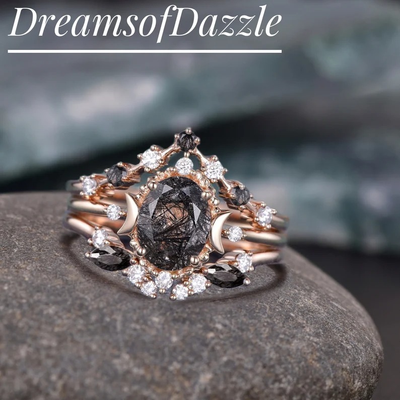 1.5ct Vintage Moon Engagement Ring Celestial Wedding Ring Set Oval Cut Moissanite Engagement Ring Set Rose Gold Women Bridal Set Unique