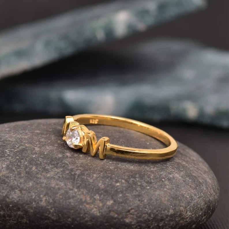 14K Gold Moissanite Mom Ring, Mama Ring, Gift for Mom, Personalized Gift For Mom, Mother's Ring Silver, Script Mom Ring, Minimalist Mom Ring
