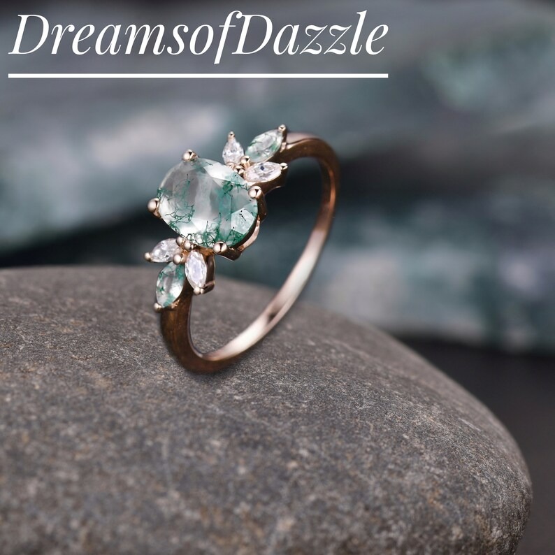925 Sterling Silver Oval Cut Natural Moss Agate Ring For Women Wedding Engagement Band Gemstone Handmade Promise Ring Anniversary Ring Gift