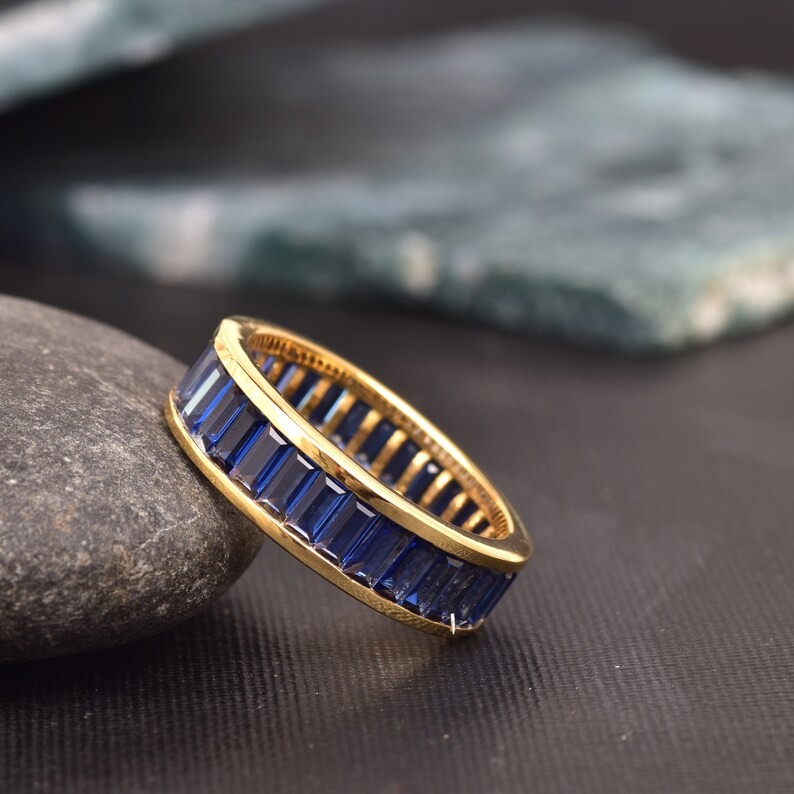 Full Eternity Stackable Band Lab Blue Sapphire Band CZ Solid 925 Sterling Silver Wedding Band, Eternity Band September Stone