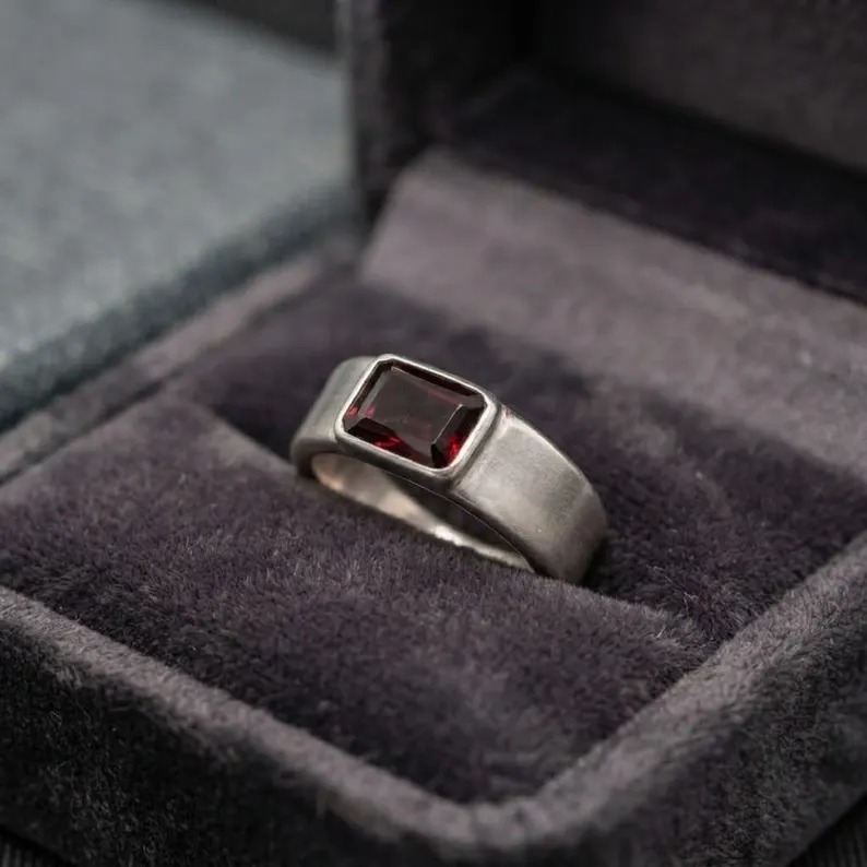 Red Garnet Signet Ring, 925 Sterling Silver, Simple Men And Women Baguette Cut Red Garnet Gemstone Jewelry, Christmas Gift, Promise Ring